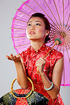 女人,拿着,中国人,伞,室外,方格,雨