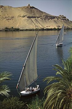 三桅小帆船,航行,尼罗河,河,陵墓,贵族,靠近,阿斯旺,埃及