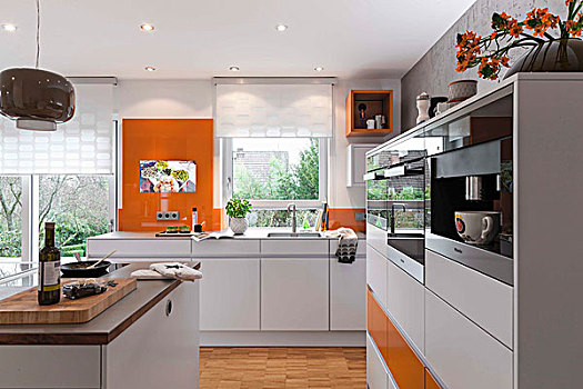 现代,厨房,白色,橙色