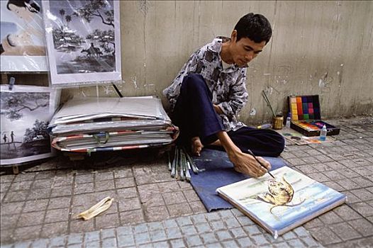 越南,胡志明市,残障,艺术家,人行道,绘画,脚