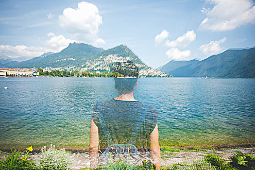二次曝光,思考,女人,向外看,湖,卢加诺,瑞士