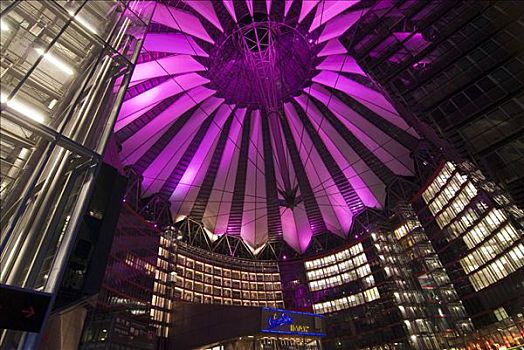 光亮,紫色,屋顶,建筑,波兹坦广场,波茨坦广场,夜晚,柏林,德国