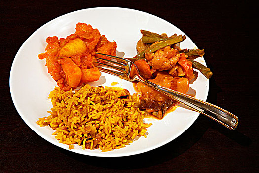 印度,素食主义,食物,椰子,蔬菜咖喱,土豆,咖哩,桌子