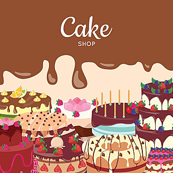 蛋糕,店,概念,甜,装饰,水果,遮盖,糖衣浇料,滴下,巧克力,奶油,生日,婚礼,矢量,插画,美味,烘制,甜食,糕点店,糖果,广告,设计