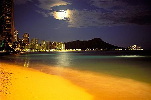 夏威夷,瓦胡岛,钻石海岬,夜晚,月亮,隐藏,后面,云,亮黄色,沙子,天际线,光亮
