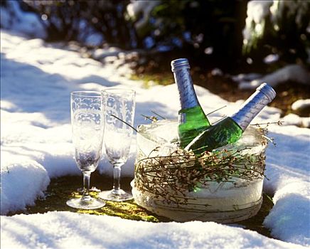 两个,瓶子,香槟酒杯,冬天,风景