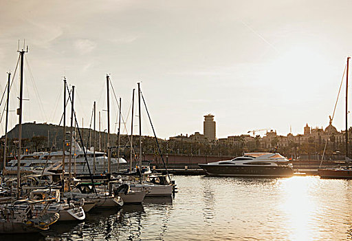 日落,港口,蒙特足斯,背景,巴塞罗那,西班牙