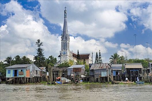 基督教堂,大,尖顶,堤岸,湄公河,湄公河三角洲,越南,亚洲