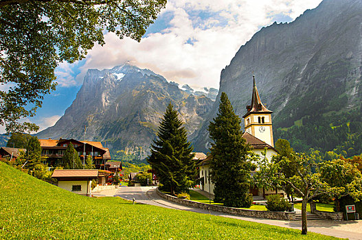 教堂,老,乡村,格林德威尔,夏天,伯尔尼阿尔卑斯山,瑞士,欧洲