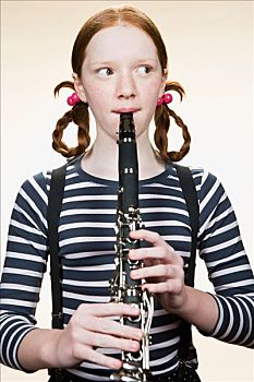 一个,女孩,肖像,玩,单簧管