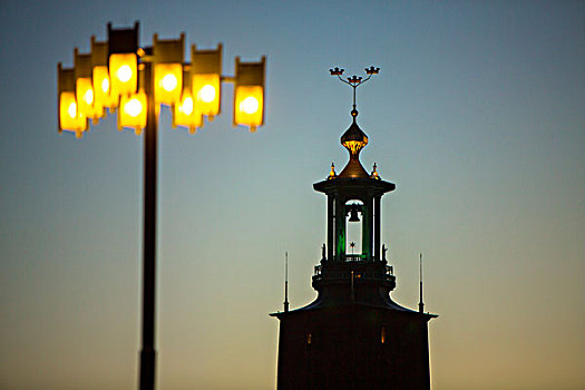 斯德哥尔摩,市政厅,塔,黄昏,瑞典