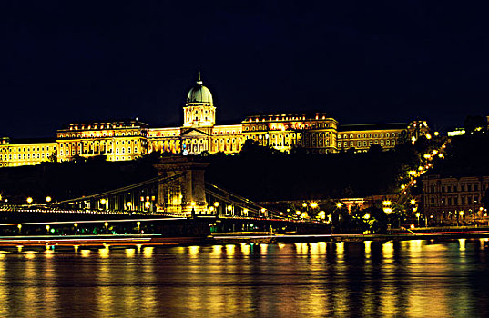 匈牙利,布达佩斯,皇宫,链索桥,光亮,夜晚