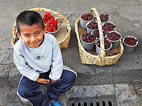 男孩,水果,扁篮,坐,路边,街道,食物杂货,市场,因巴布拉省,省,厄瓜多尔,南美