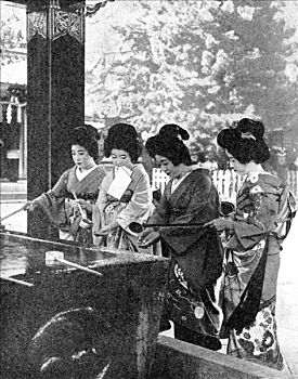 日本人,女人,洗,手,进入,庙宇,艺术家,运动