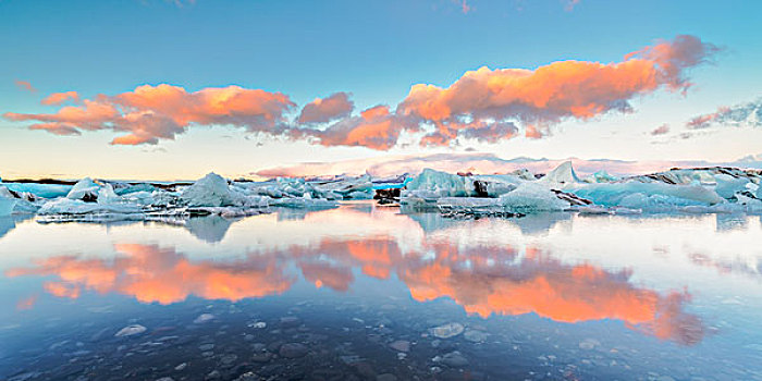 杰古沙龙湖,东方,冰岛,北欧,小,冰山,排列,冰河,泻湖,日出