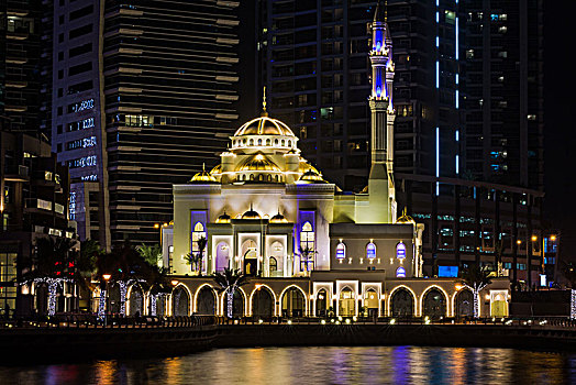 漂亮,光亮,清真寺,迪拜,码头,夜晚,长时间曝光,阿联酋
