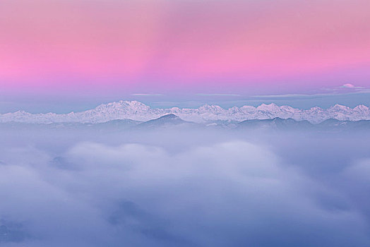 粉色,攀升,顶峰,阿尔卑斯山,上升,向上,云海,日出,风景,城镇,科莫,省,伦巴第,意大利,欧洲