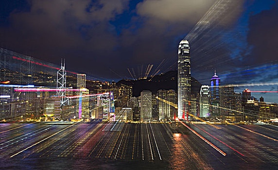 中心,天际线,九龙,夜晚,香港