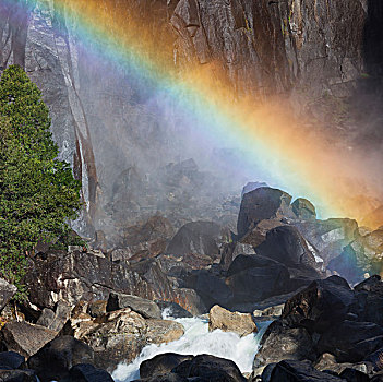 下优胜美地瀑布,优胜美地,溪流,彩虹,优胜美地国家公园,加利福尼亚,美国