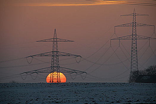 高压电塔,冬天,日落,巴伐利亚,德国,欧洲