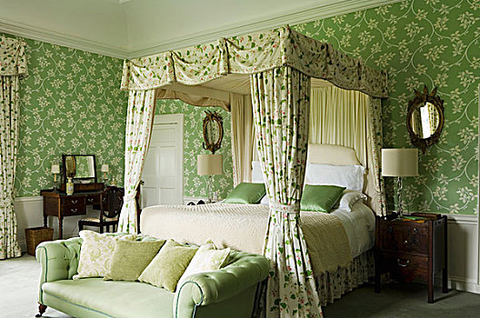 优雅,卧室,绿色,软垫,沙发,脚,四柱床,篷子,花,墙壁