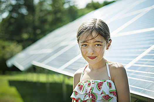 孩子,清新,户外,晴天,旁侧,太阳能电池板,农场,纽约,美国
