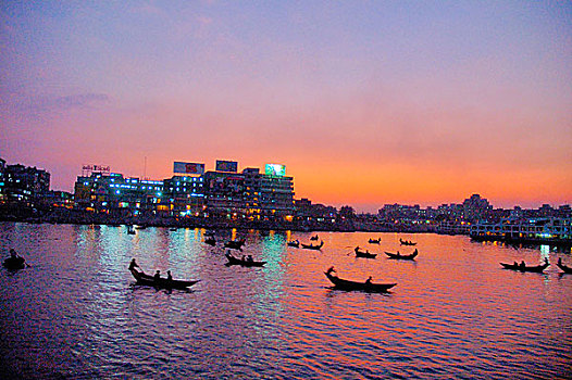 人,河,船,黄昏,通过,西部,南,达卡,城市,靠近,中心,孟加拉