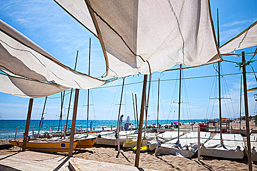遮篷,帆,形状,遮盖,放松,区域,靠近,帆船,沙滩,城镇,海岸,地中海,加泰罗尼亚,西班牙