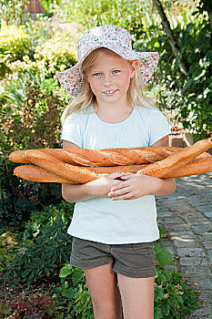 女孩,太阳帽,拿着,法棍面包