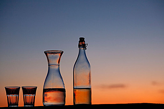 意大利,罗马,两个,瓶子,玻璃杯,红色天空