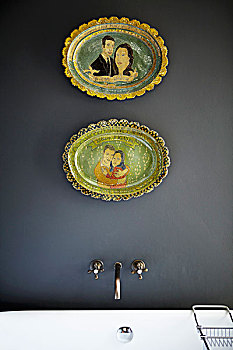 陶瓷,盘子,灰色,墙壁,高处,旧式,浴室,水龙头