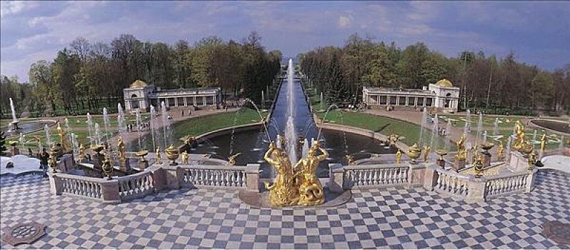 喷泉,上方,宫殿广场,宫殿,彼得夏宫,圣彼得堡,俄罗斯,欧洲