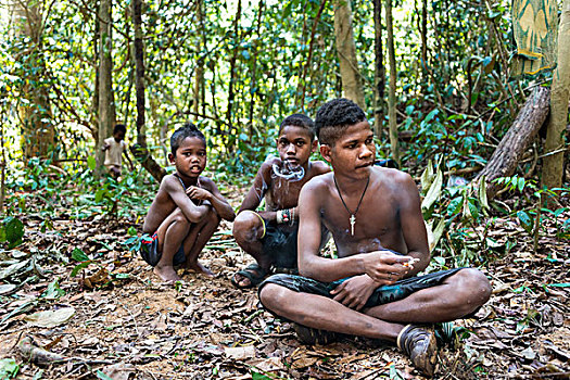 三个男孩,部落,坐,地面,丛林,烟,土著人,热带雨林,国家公园,马来西亚,亚洲