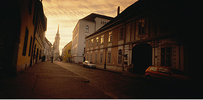 房子,街道,黄昏,布达佩斯,匈牙利