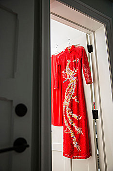 红色,旗袍,连衣裙,悬挂,门,入口,房间,加拿大
