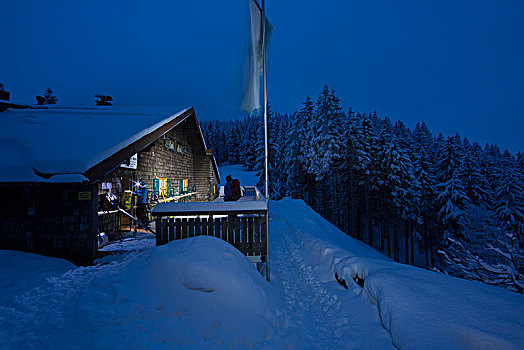小屋,冬天,夜晚,兰格丽斯,巴伐利亚,德国