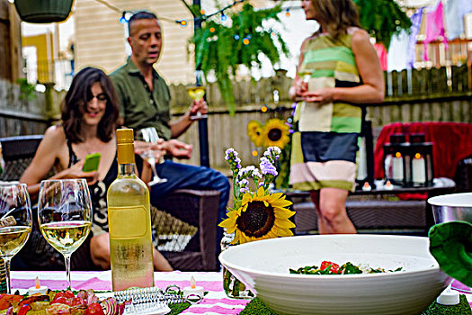 人群,花园派对,拿着,葡萄酒杯,酒瓶,食物,餐具,前景