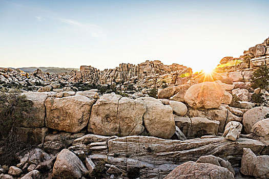 岩石构造,日落,约书亚树国家公园,黄昏,加利福尼亚,美国