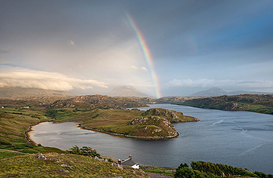 亮光,彩虹,俯视,海洋,小湾,湖,萨瑟兰,西北,高地,苏格兰,英国,欧洲