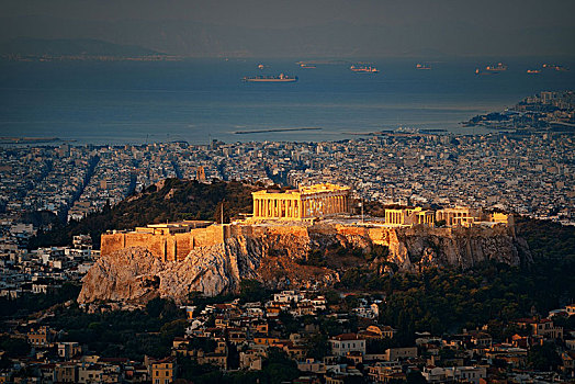 雅典,天际线,日出,山,卫城,希腊