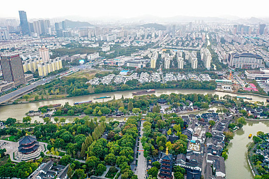 航拍江苏苏州京杭运河畔枫桥风景名胜区