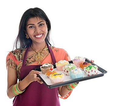 传统,印度女人,烘制,杯形蛋糕