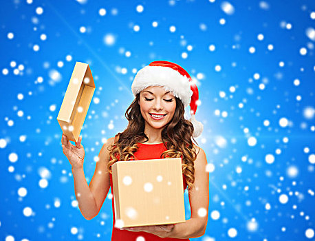 圣诞节,休假,庆贺,人,概念,微笑,女人,圣诞老人,帽子,礼盒,上方,蓝色,雪,背景