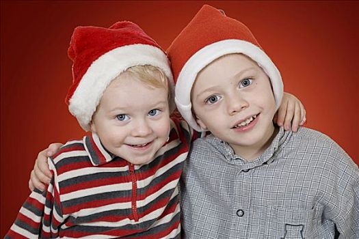 两个,小男孩,圣诞,帽