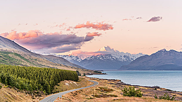 道路,风景,库克山,日落,普卡基湖,库克山国家公园,南阿尔卑斯山,坎特伯雷,南岛,新西兰,大洋洲