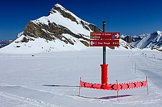 路标,滑雪,斜坡,结冰,胜地,冰河,山,背影,伯恩高地,瑞士,欧洲