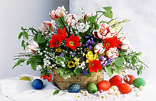 复活节花束,郁金香,篮子,复活节彩蛋