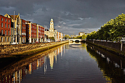 利菲河,河边,建筑,都柏林,爱尔兰