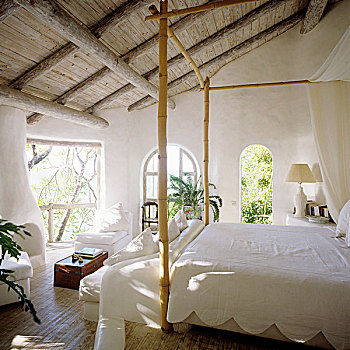 卧室,乡村,木质,白色,竹子,四柱床,花园