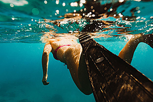 水下视角,女人,穿,脚蹼,游泳,瓦胡岛,夏威夷,美国
